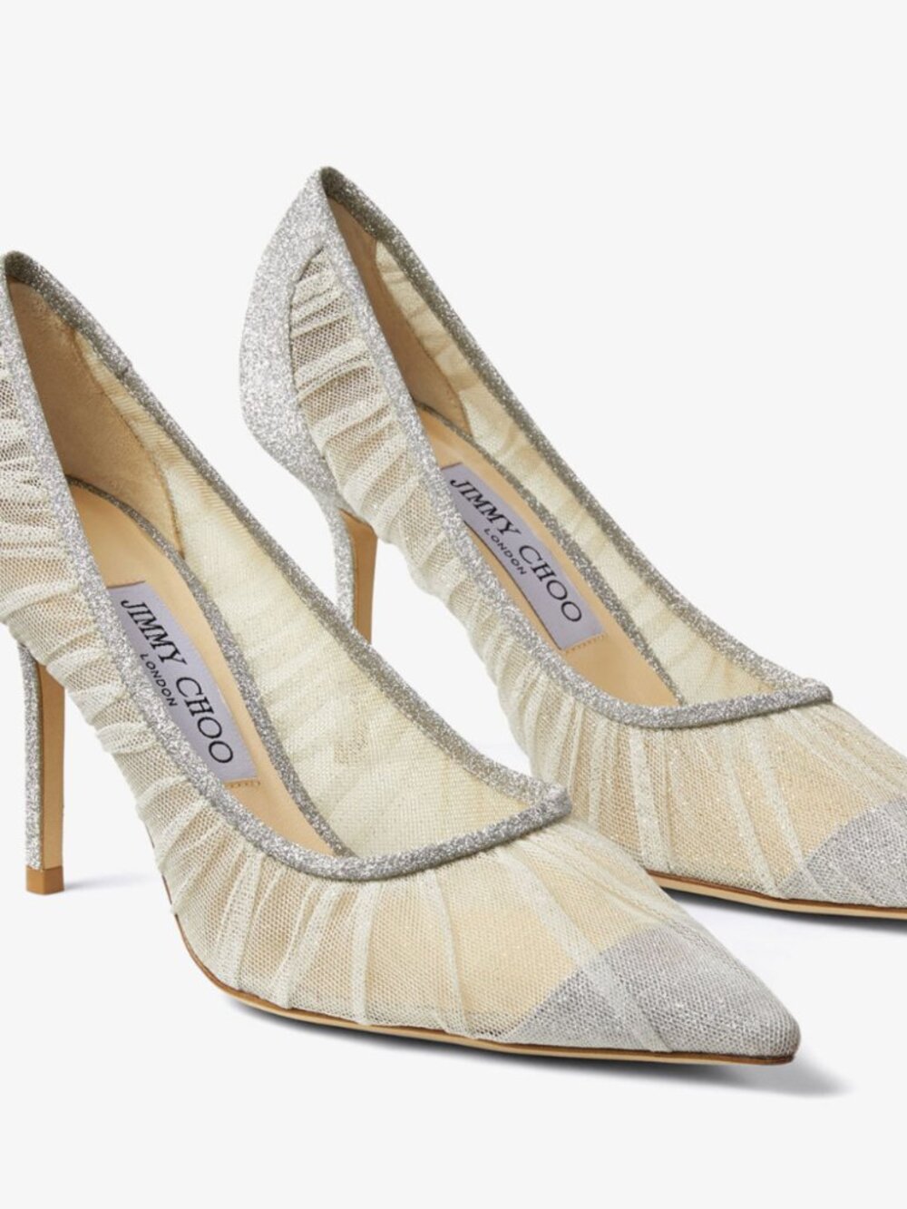 Jimmy Choo Love 85 Glitter Tulle Pumps Ivory Silver EU 39 w/ Box